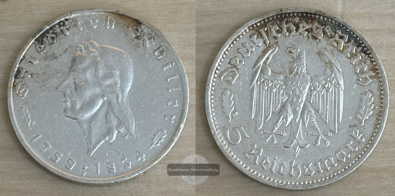  Deutschland, Drittes Reich.  2 Reichsmark 1934 175. Geburtstag Schiller  FM-Frankfurt  Feinsilber:5g   