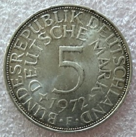  Deutschland ---  5 DM 1972 -F- * Heiermann * , Feinsilber 7g , gute Erhaltung   