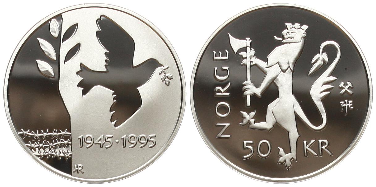  Norwegen: Harald V., 50 Kroner 1995 a.d. Kriegsende, 16,85 g. 925 er Silber, 1/2 Unze fein!   