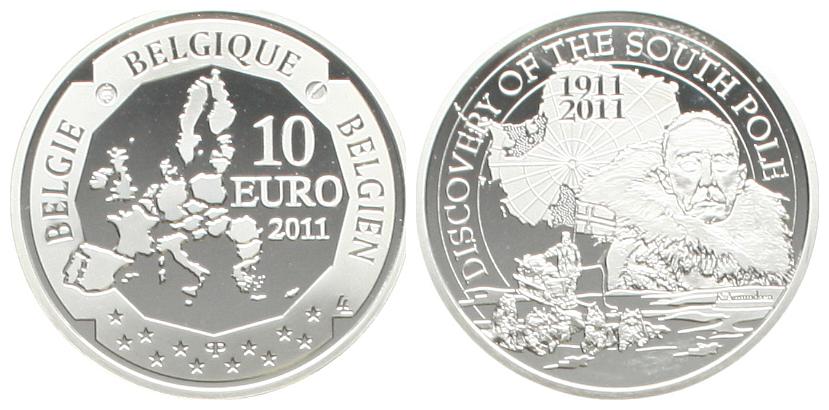  Belgien: Albert II., 10 € 2011 auf die Entdeckung des Südpol, 18,9 gr 925er Silber (17,48 fein)   