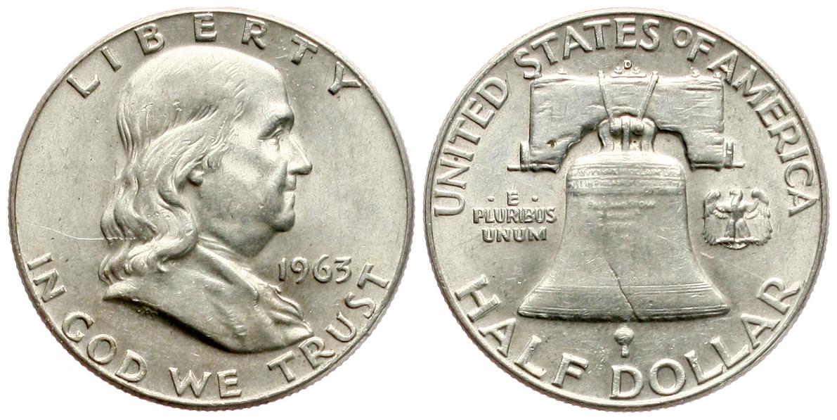  USA: 1/2 Dollar 1963 D, Franklin, Silber 12,5 gr. (900er), 11,25 fein!  TOP-ERHALTUNG! siehe Bilder!   