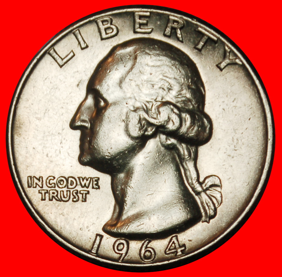  Ⰶ SOLIDE SILBER (1932-1964): USA ★  1/4 DOLLAR 1964! WASHINGTON (1789-1797)!★OHNE VORBEHALT   