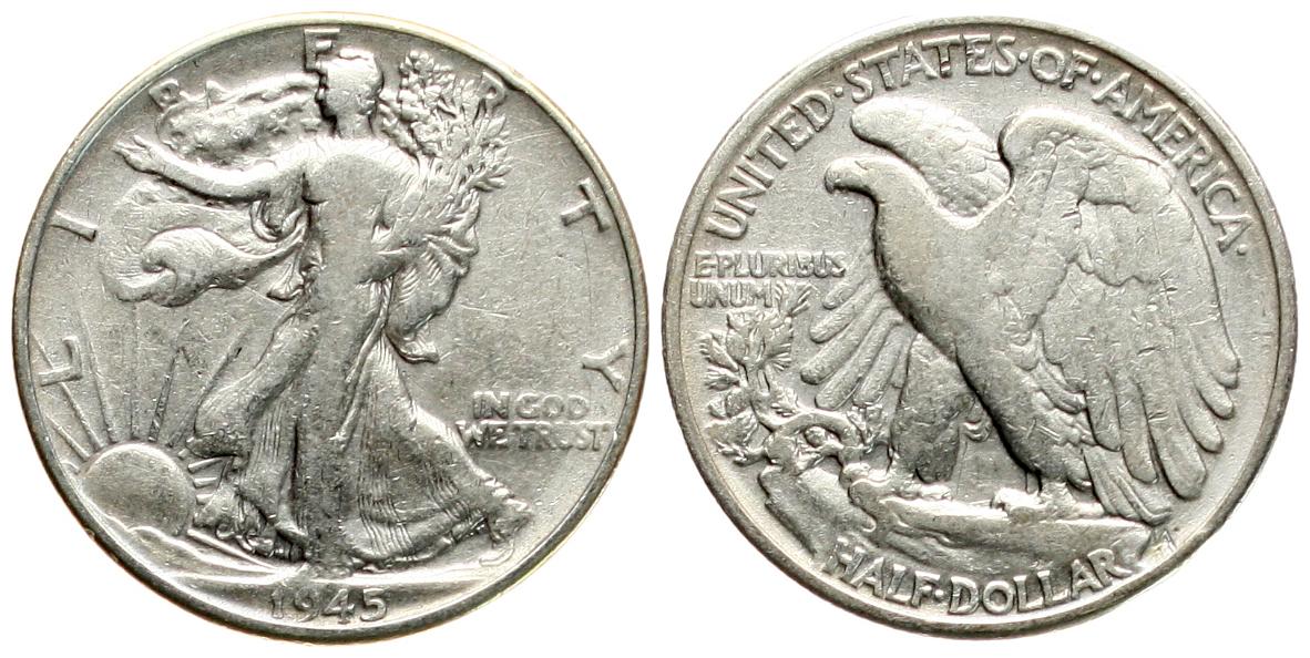  USA: Half Dollar 1945, Walking Liberty, 12,5 gr. 900er Silber, 11,25 fein! siehe Bilder!   