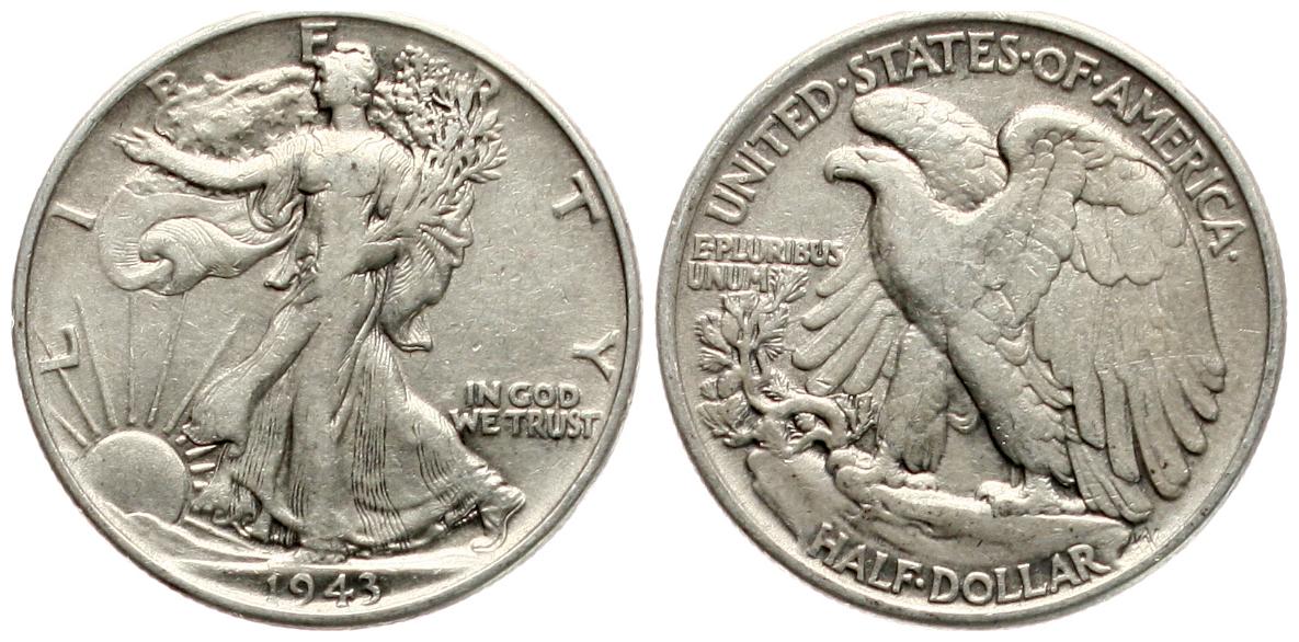  USA: Half Dollar 1943, Walking Liberty, 12,5 gr. 900er Silber, 11,25 fein! siehe Bilder!   