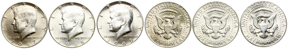  USA: Lot von 3 x 1/2 Dollar Kennedy 1967, 1968 und 1969, Silber, ges, 13,8 Feinsilber   