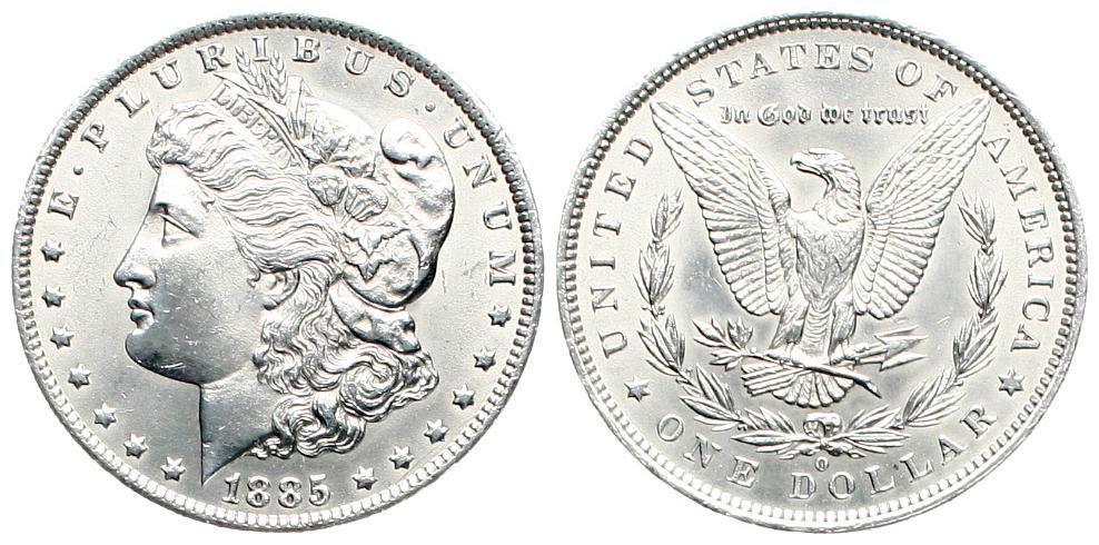  USA: 1 $ 1885 O, Morgan Dollar, 26,7 gr. 900er Silber in prachtvoller Erhaltung, siehe Bilder!!   