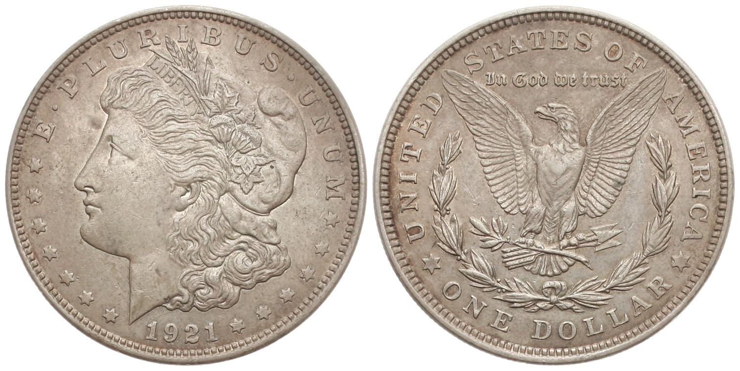  USA: 1 $ 1921, Morgan Dollar, 26,7 gr. 900er Silber, hübsche Patina!   