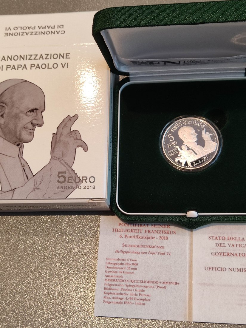  Vatikan 5 Euro Silber pp 2018 Heiligsprechung Papst Paul VI.   