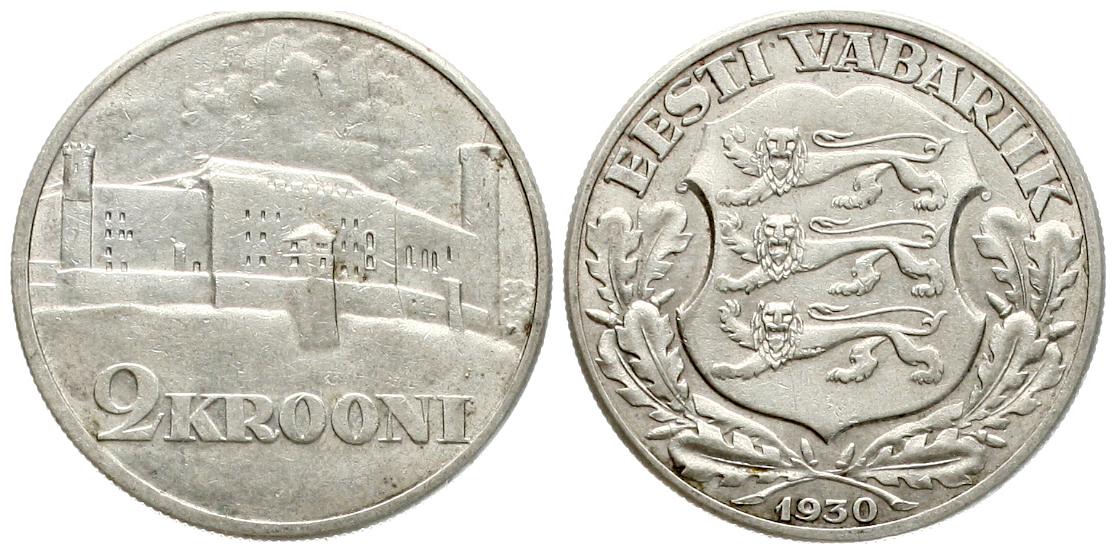  Estland: 2 Krooni 1930, 12,00 gr. 835 er Silber, ø = 30 mm, TOP-Erhaltung!   