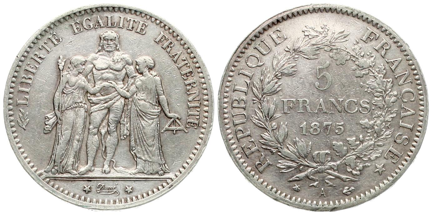  Frankreich: 5 Franc 1875 A, 25 gr. 900er Silber (22,5 gr. fein), TOP-Erhalten!   