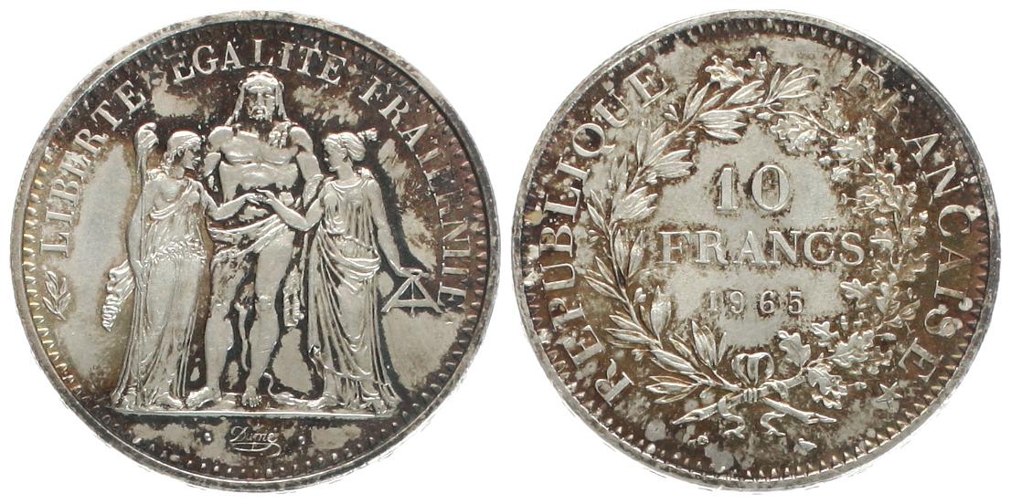  Frankreich: 10 Franc 1965, 25 gr. 900er Silber (22,5 gr. fein), mit wunderschöner Silberpatina!   