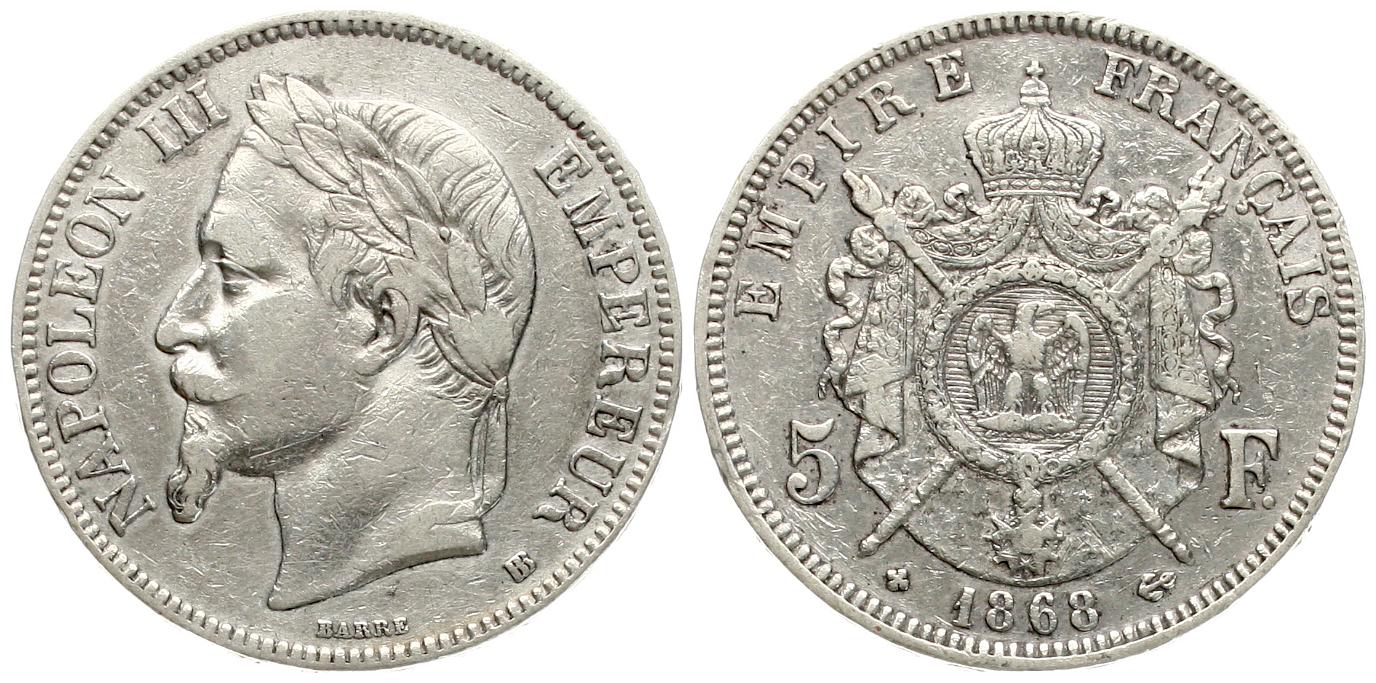  Frankreich: Napoleon III., 5 Franc 1868 BB, 25 gr. 900er Silber (22,5 gr. fein), siehe Bilder!   