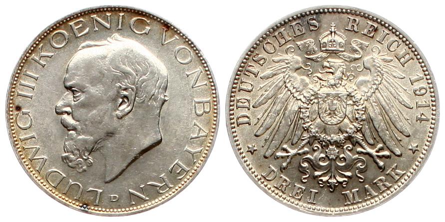  Bayern: Ludwig III., 3 Mark 1914 in Top-Erhaltung (fstgl) und schöner Patina!   