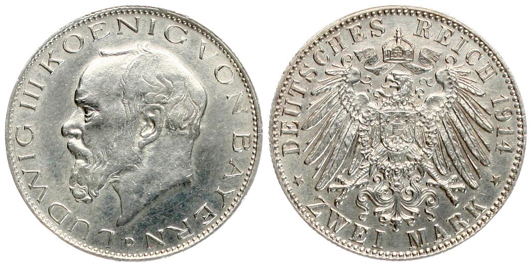  Bayern: Ludwig III., 2 Mark 1914 in Top-Erhaltung und etwas Patina!   