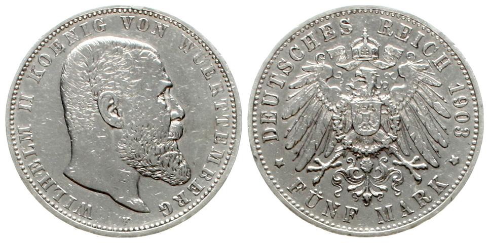  Kaiserreich, Württemberg: Wilhelm II., 5 Mark 1903 F, Silber 27,77 gr. 900er, siehe Bilder!   