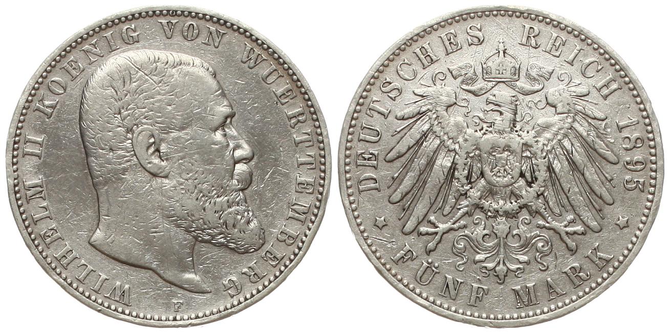  Kaiserreich, Württemberg: Wilhelm II., 5 Mark 1895 F, Silber 27,77 gr. 900er, siehe Bilder!   