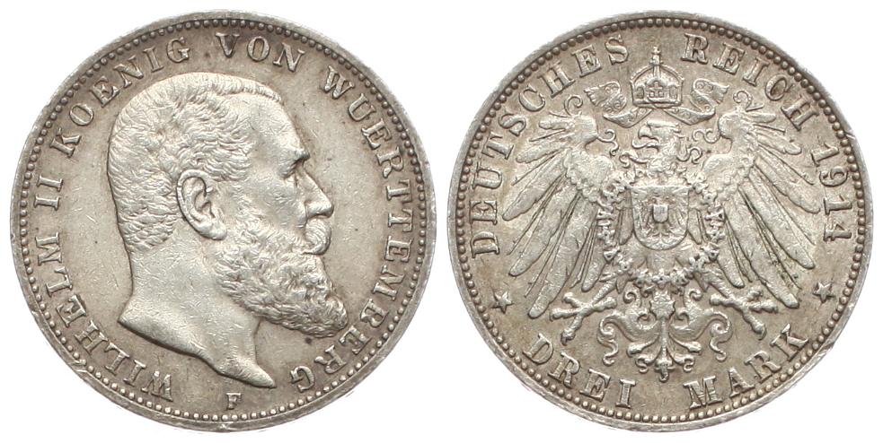  Württemberg: Wilhelm II., 3 Mark 1914, Silber, schöne Patina und ERHALTUNG, siehe Bilder!   