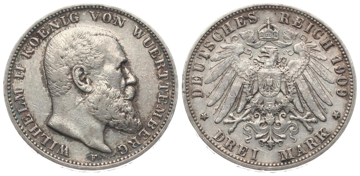  Württemberg: Wilhelm II., 3 Mark 1909 F, Silber, schöne Patina und ERHALTUNG, siehe Bilder!   