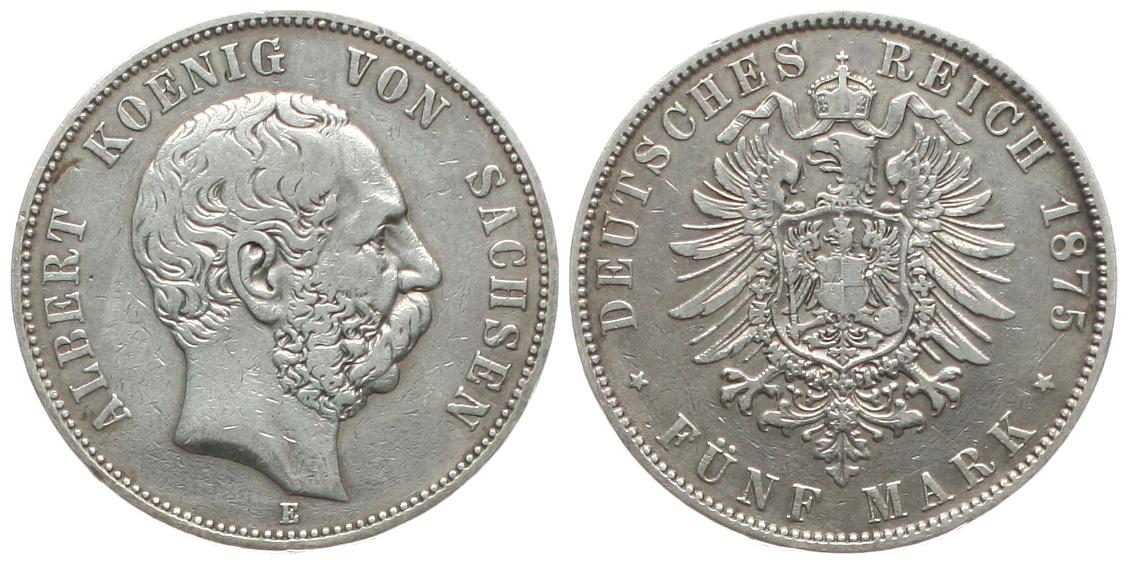  Sachsen: Albert, 5 Mark 1875 E, Silber. etwas Patina, siehe Bilder!   