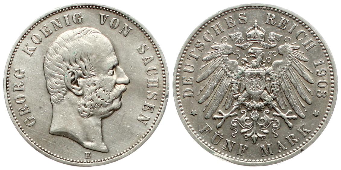  Sachsen: Georg, 5 Mark 1903 E, Silber, bessere Erhaltung, siehe Bilder!   