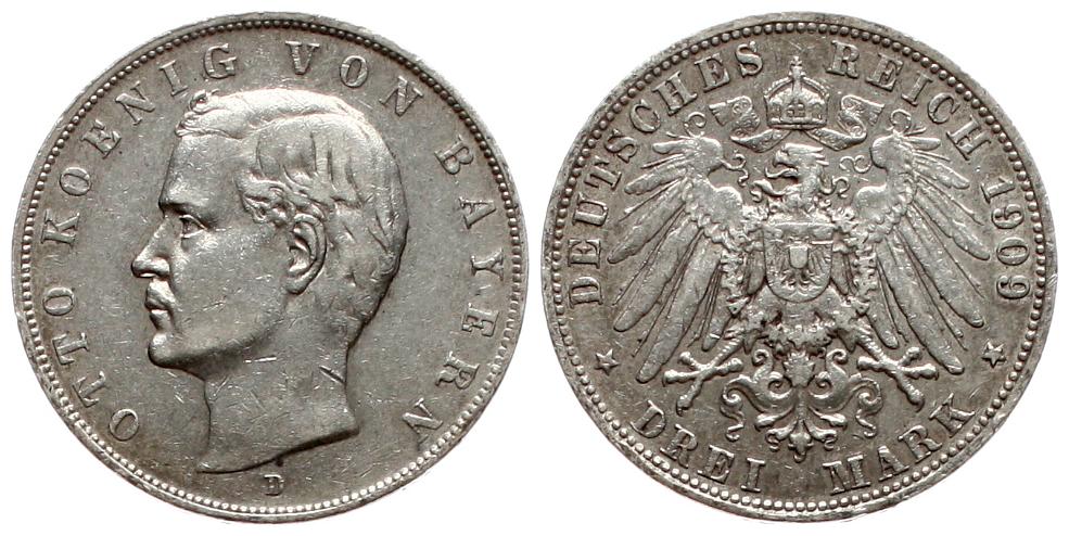  Bayern: Otto, 3 Mark 1909. Silber, etwas Patina, siehe Bilder!   