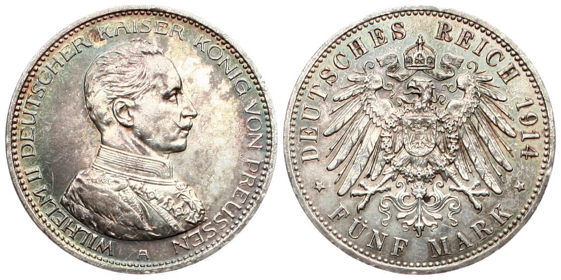  Preussen: Wilhelm II., 5 Mark 1914 A, Silber, TOP-Erhaltung, wunderbare Patina, siehe Bilder!   