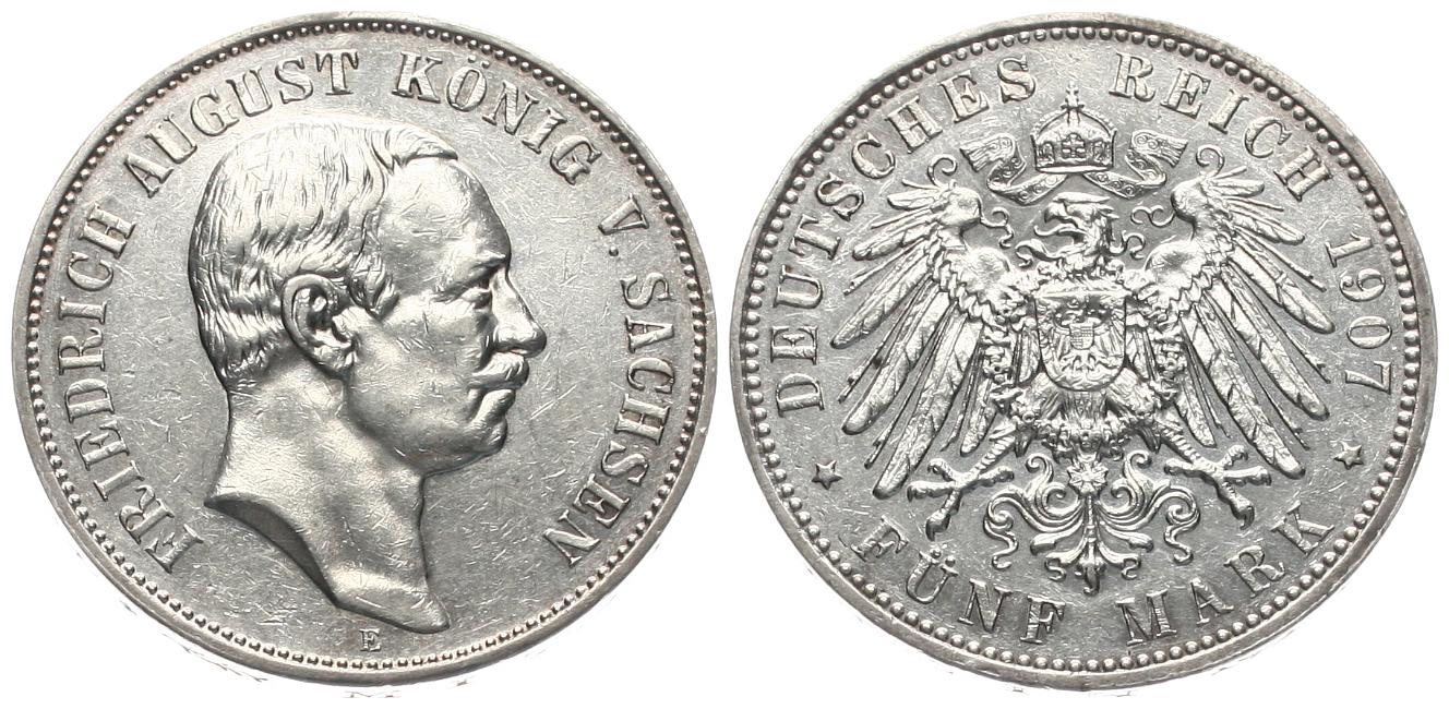  Sachsen: Friedrich August III., 5 Mark 1907 E, hübsche Erhaltung, Silber!   