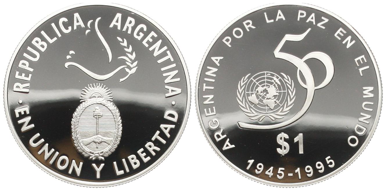  Argentinien: 1 Peso 1995, Auf das 50 jährige Bestehen der UN, 25 gr. 900er Silber (22,5 fein)   