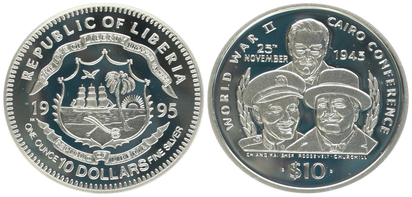  Liberia: 10 Dollars 1995, näheres unten, 1 Unze fein!   