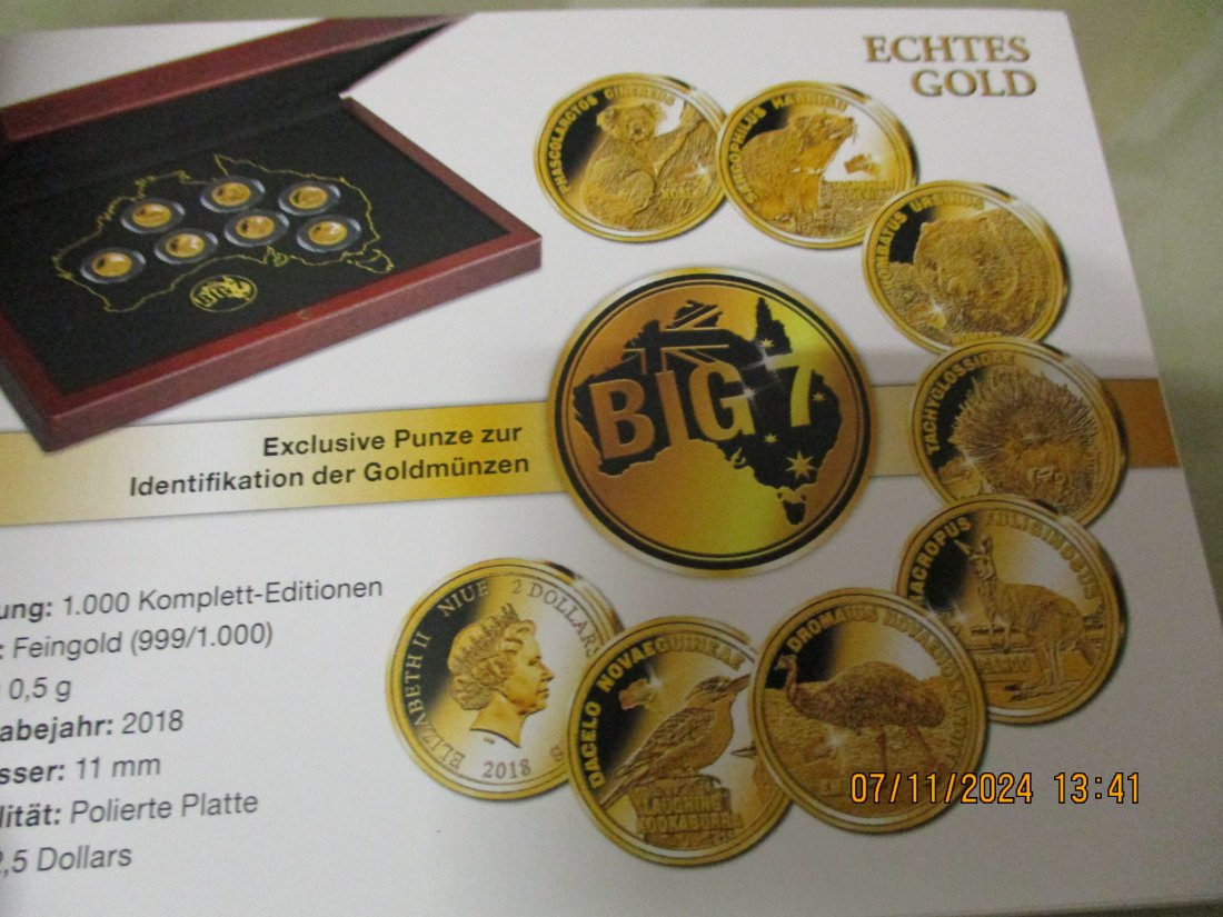  Big 7 Gold Coin Collection 2018 -  999er Gold mit Zertifikat und Münzbox   