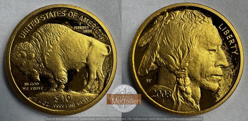 USA.  10 Dollars  2008 W MM-Frankfurt  Feingold: 7,78g Amerikanischer Büffel  