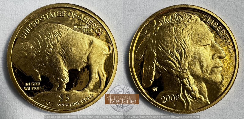 USA.  5 Dollars  2008 W MM-Frankfurt  Feingold: 3,11g Amerikanischer Büffel  