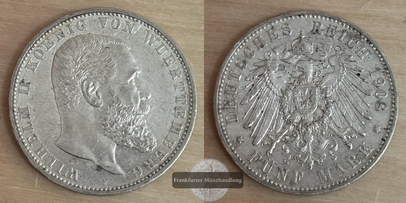  Deutsches Kaiserreich. Württemberg, Karl. 5 Mark 1908 F  FM-Frankfurt    Feinsilber: 25g   