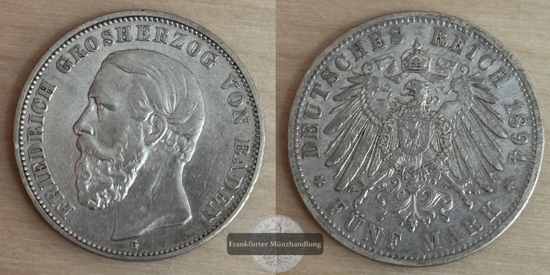  Deutsches Kaiserreich, Baden.  5 Mark 1894 G  FM-Frankfurt Feinsilber: 10g   