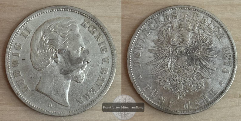  Deutsches Kaiserreich. Bayern, Ludwig II.  5 Mark  1874 D   FM-Frankfurt Feinsilber: 25g   