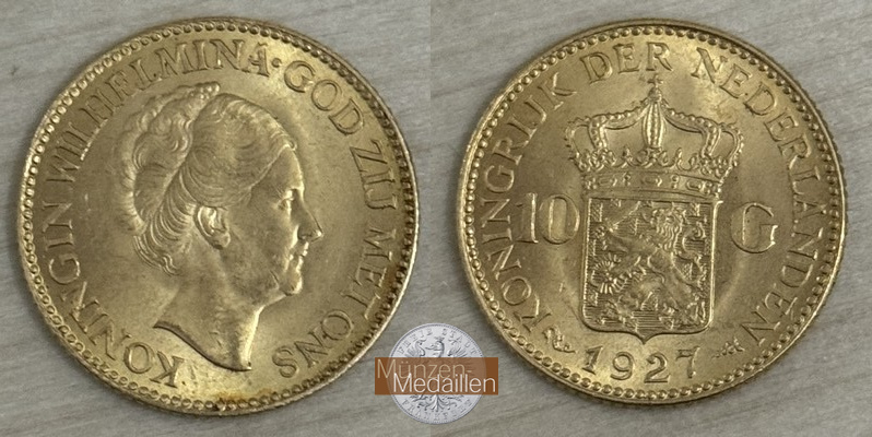 Niederlande  10 Gulden MM-Frankfurt  Feingold: 6,06g Wilhelmina I. 1927 