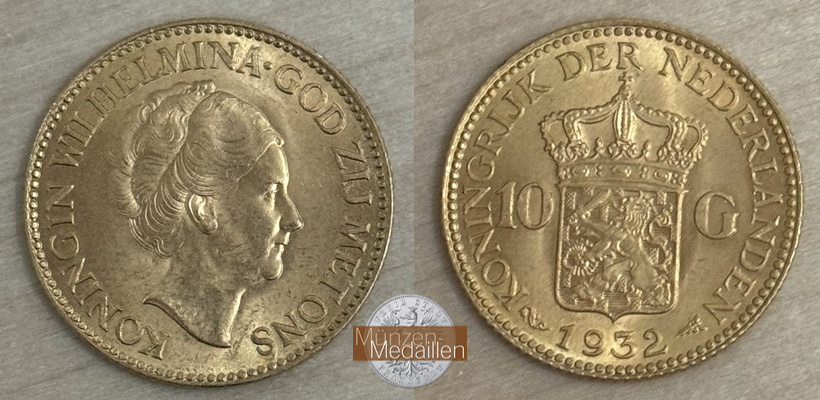 Niederlande  10 Gulden MM-Frankfurt  Feingold: 6,06g Wilhelmina I. 1932 