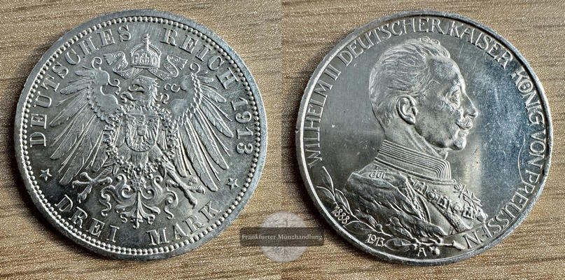  Deutsches Kaiserreich. Preussen, Wilhelm II. 3 Mark 1913 A   FM-Frankfurt Feinsilber:15g   