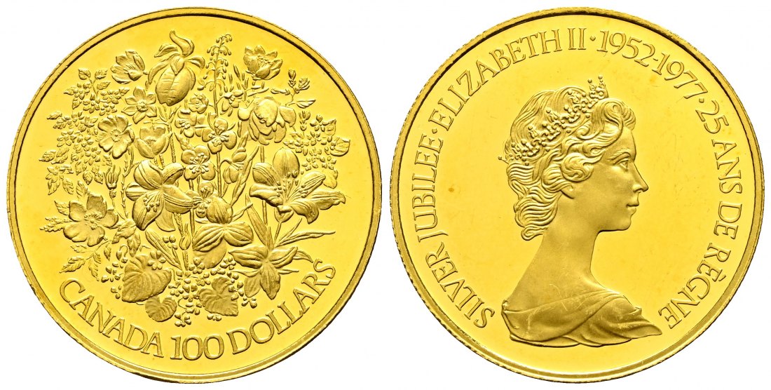 PEUS 2213 Kanada 15,55 g Feingold. Blumenbouquet Regierungsjubiläum 25 Jahre 100 Dollars GOLD 1/2 Unze o.J. (1977) Impaired Proof / Vorzüglich + aus PP