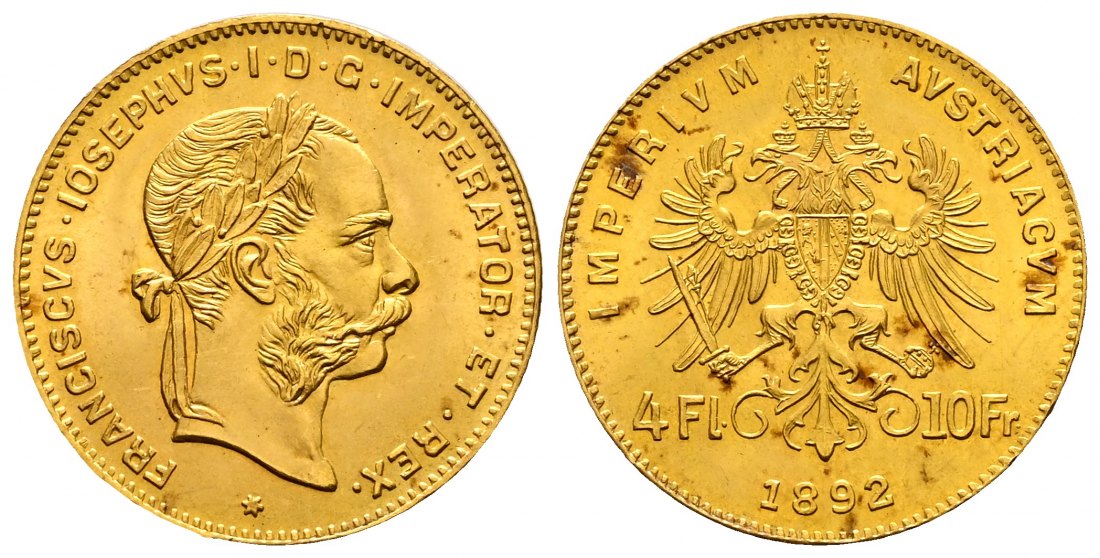 PEUS 2216 Österreich 2,9 g Feingold. Franz Joseph I. (1848 - 1916) 4 Gulden (NP) GOLD 1892 Leicht fleckig, stempelglanz