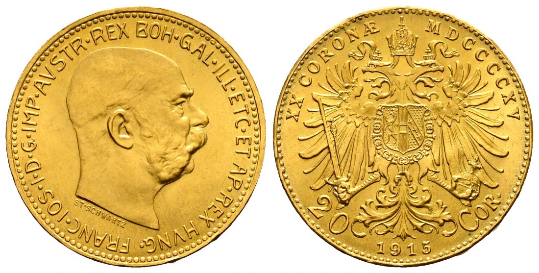 PEUS 2217 Österreich 6,1 g Feingold. Franz Joseph I. (1848 - 1916) 20 Kronen (off.NP) GOLD 1915 Fast Stempelglanz