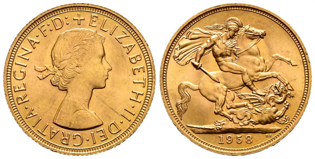 PEUS 2220 Grossbritannien 7,32 g Feingold. Elizabeth II. (1952 - 2022) Sovereign GOLD 1958 Kl Kratzer, fast Stempelglanz