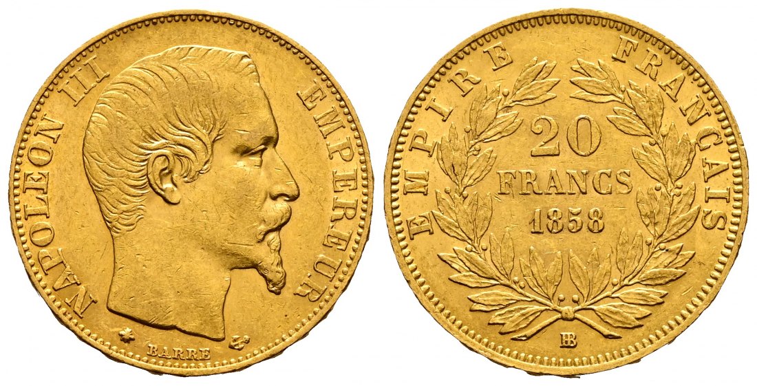 PEUS 2221 Frankreich 5,81 g Feingold. Napoleon III. (1852-1870) 20 Francs GOLD 1858 BB Straßbur Sehr schön