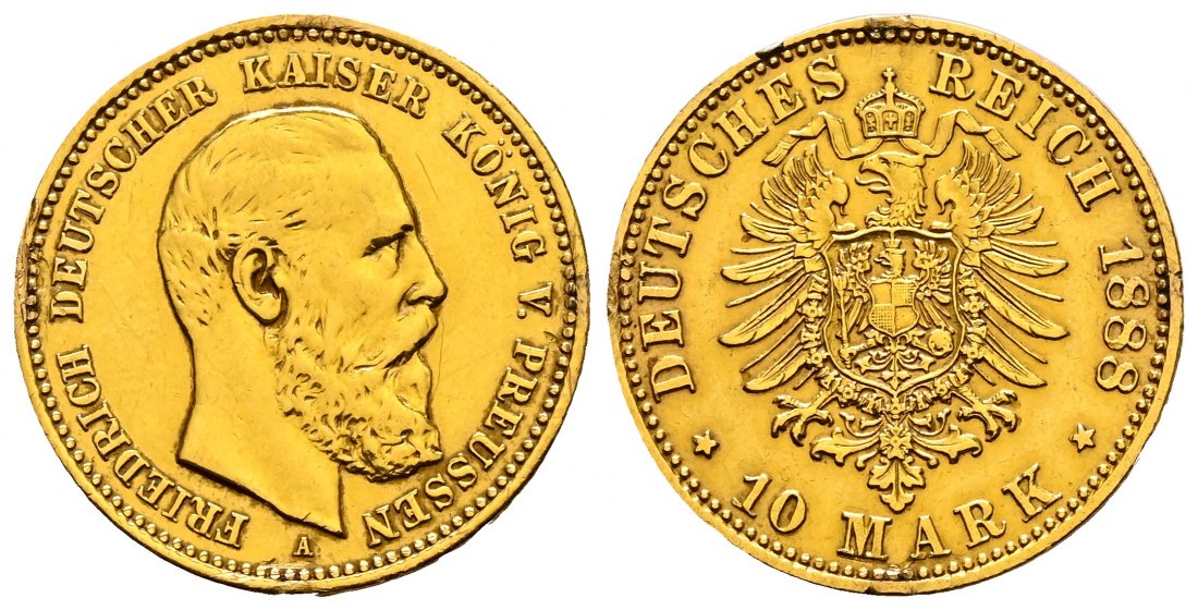 PEUS 2223 Kaiserreich - Preußen 3,58 g Feingold. Friedrich III. (09.03.- 15.06.1888) 10 Mark GOLD 1888 A Fassungsspuren, Sehr schön