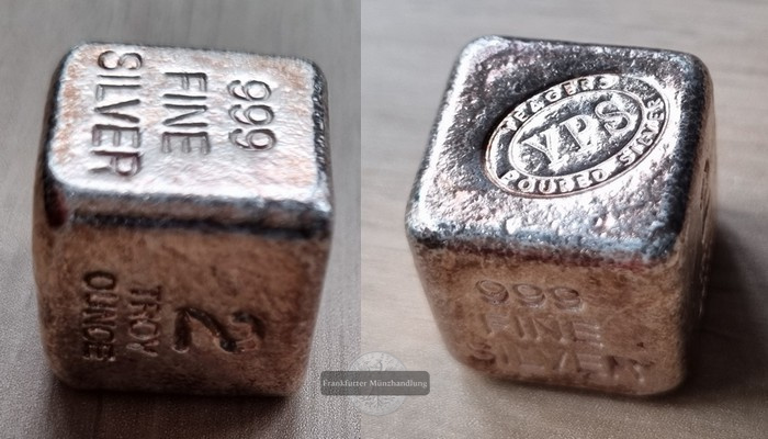  USA, YPS Yeagers Poured Silver.  Silberbarren zu 2 Unzen Würfelform  FM-Frankfurt  Feinsilber: 62,2g   