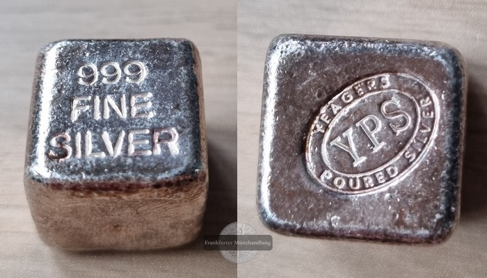  USA, YPS Yeagers Poured Silver.  Silberbarren zu 2 Unzen Würfelform  FM-Frankfurt  Feinsilber: 62,2g   