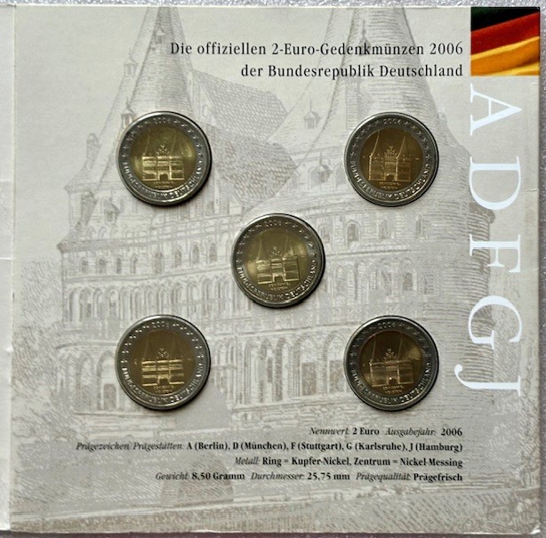  Deutschland --- 5x 2 Euro 2006 * Holstentor Lübeck * A/D/F/G/J , im Klappfolder   