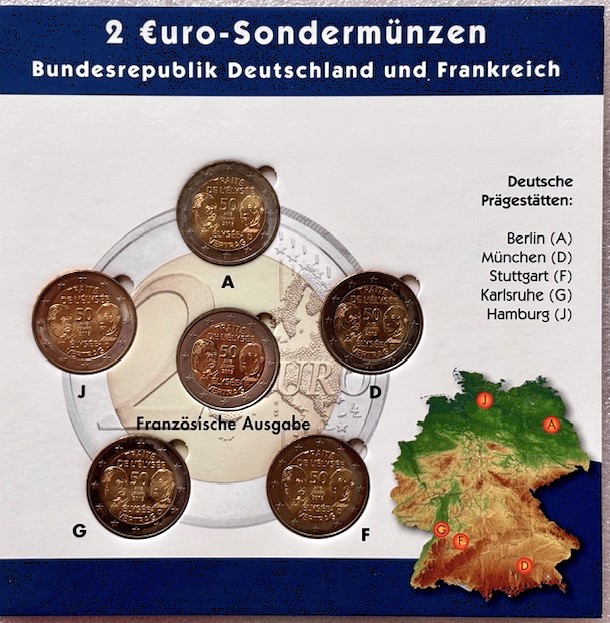  Deutschland --- 5x 2 Euro 2013 * Elysee - Vertrag * A/D/F/G/J , im Klappfolder   