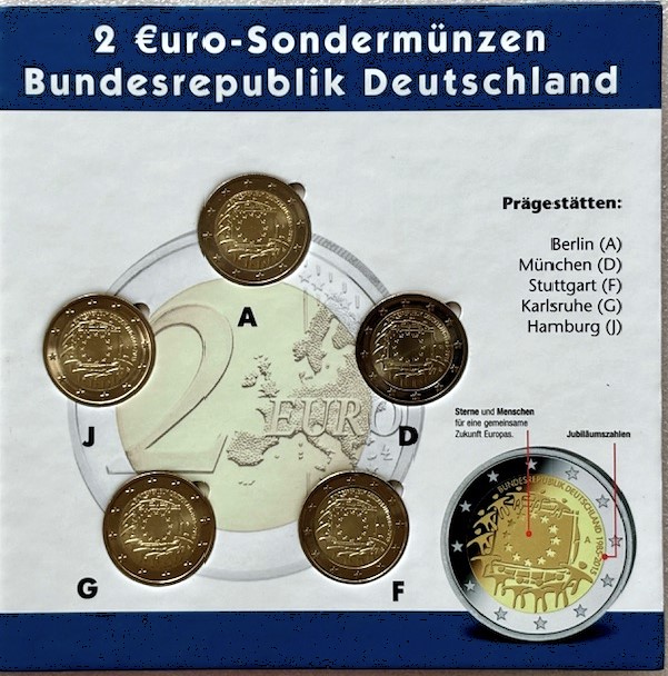  Deutschland --- 5x 2 Euro 2015 * Europa - Flagge * A/D/F/G/J , im Klappfolder   