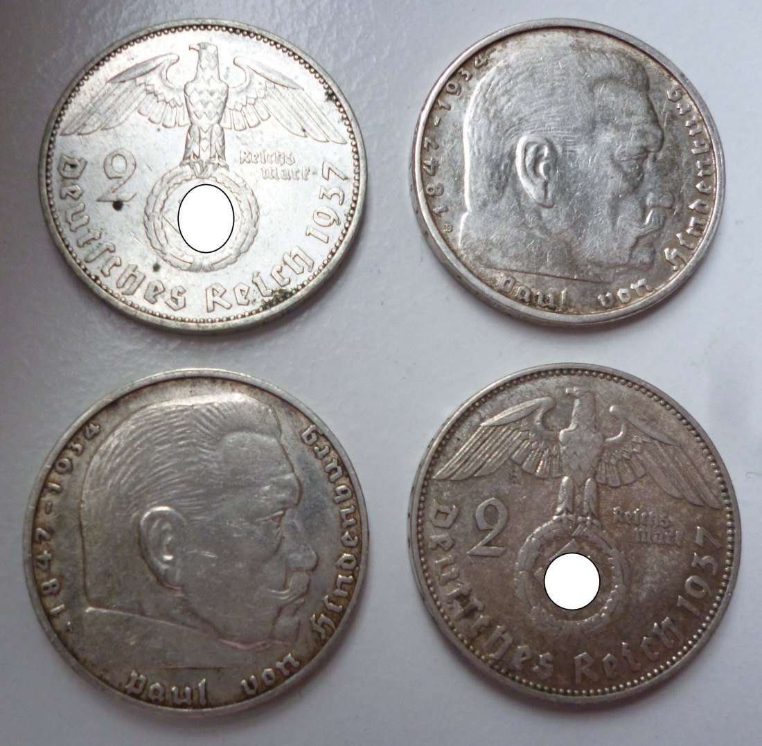  Deutsches Reich 4x 2 Reichsmark Hindenburg 1937/1938 Silber   